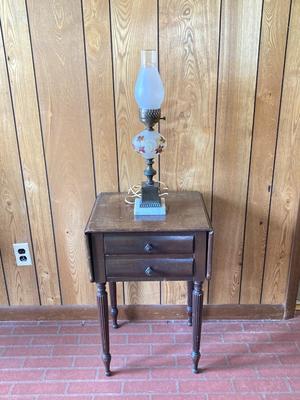 LOT 78: Beautiful Painted Glass Lamp with Mahogany Drop Leaf Side Table