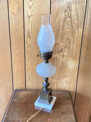 LOT 78: Beautiful Painted Glass Lamp with Mahogany Drop Leaf Side Table