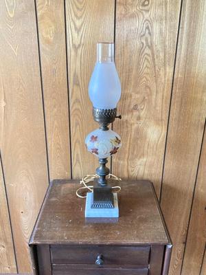 LOT 78: Beautiful Painted Glass Lamp with Mahogany Drop Leaf Side Table