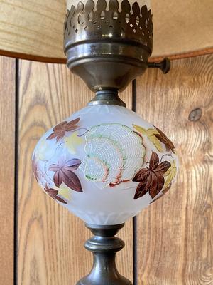 LOT 78: Beautiful Painted Glass Lamp with Mahogany Drop Leaf Side Table