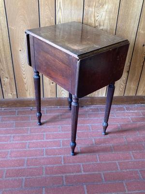 LOT 78: Beautiful Painted Glass Lamp with Mahogany Drop Leaf Side Table