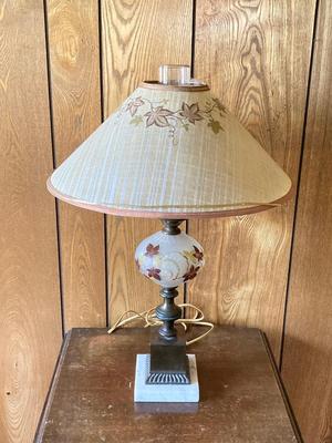 LOT 78: Beautiful Painted Glass Lamp with Mahogany Drop Leaf Side Table