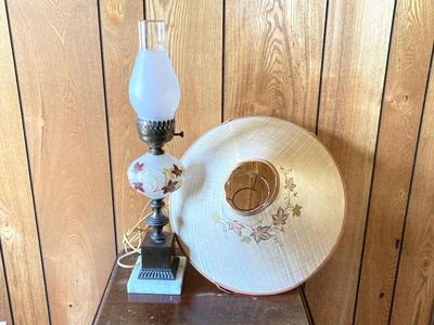 LOT 78: Beautiful Painted Glass Lamp with Mahogany Drop Leaf Side Table