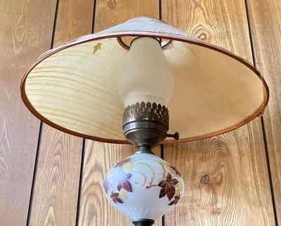 LOT 78: Beautiful Painted Glass Lamp with Mahogany Drop Leaf Side Table