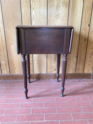 LOT 78: Beautiful Painted Glass Lamp with Mahogany Drop Leaf Side Table