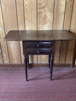 LOT 78: Beautiful Painted Glass Lamp with Mahogany Drop Leaf Side Table