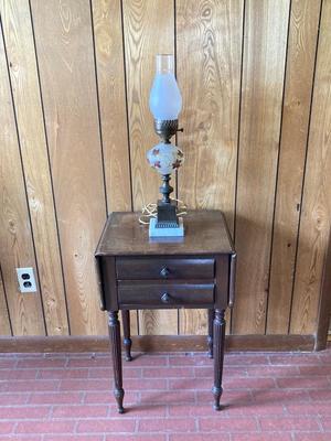 LOT 78: Beautiful Painted Glass Lamp with Mahogany Drop Leaf Side Table