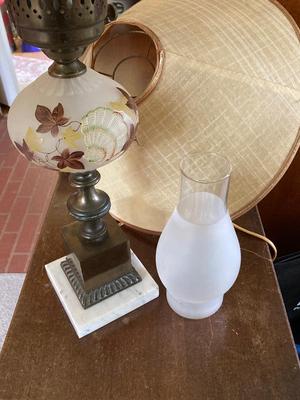 LOT 78: Beautiful Painted Glass Lamp with Mahogany Drop Leaf Side Table