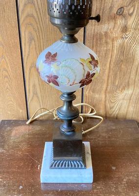 LOT 78: Beautiful Painted Glass Lamp with Mahogany Drop Leaf Side Table