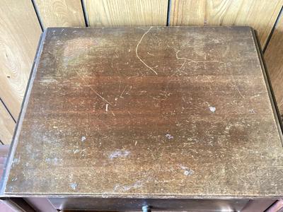 LOT 78: Beautiful Painted Glass Lamp with Mahogany Drop Leaf Side Table