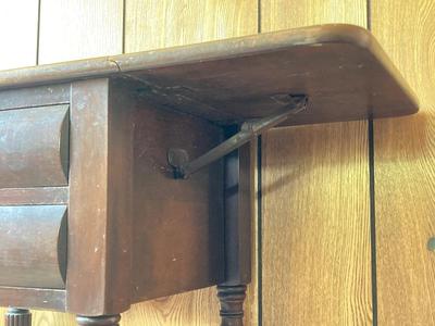 LOT 78: Beautiful Painted Glass Lamp with Mahogany Drop Leaf Side Table