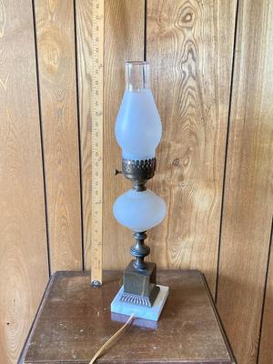 LOT 78: Beautiful Painted Glass Lamp with Mahogany Drop Leaf Side Table