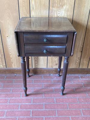 LOT 78: Beautiful Painted Glass Lamp with Mahogany Drop Leaf Side Table