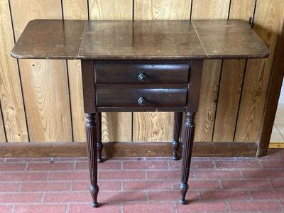 LOT 78: Beautiful Painted Glass Lamp with Mahogany Drop Leaf Side Table