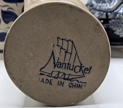 LOT 115: Williamsburg Pottery Crock, Nantucket Stoneware Mug, and German Stoneware Beer Mug