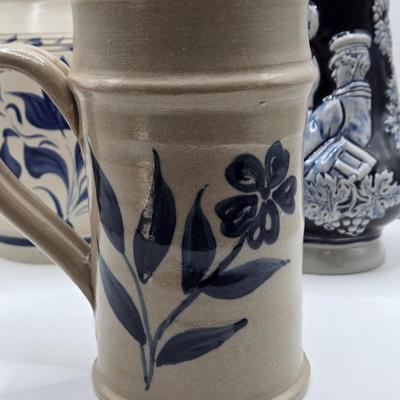 LOT 115: Williamsburg Pottery Crock, Nantucket Stoneware Mug, and German Stoneware Beer Mug