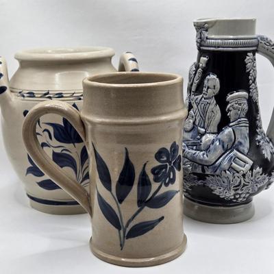 LOT 115: Williamsburg Pottery Crock, Nantucket Stoneware Mug, and German Stoneware Beer Mug