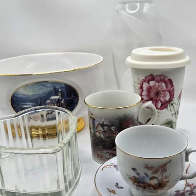 LOT 119: Teleflora Cup and Saucer, Glass Heart, Thomas Kinkade Sleigh Ride, Lenox Butterfly Meadow Travel Mug, and More