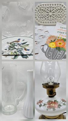 LOT 120: Vintage MCM Lamp, Cake Plate and Server, Vintage Tea Towels, and More