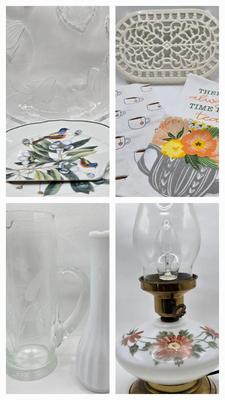 LOT 120: Vintage MCM Lamp, Cake Plate and Server, Vintage Tea Towels, and More