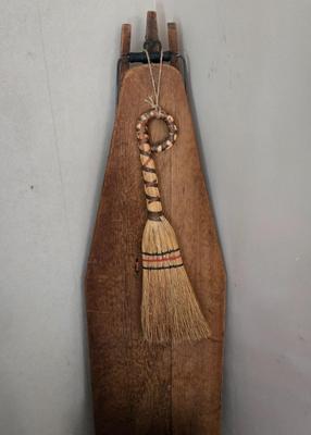 LOT 123: Antique Ironing Board, Straw Hand Broom, Nevco Fold and Carry Stool, and More