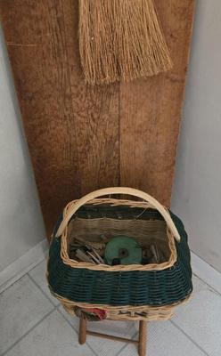 LOT 123: Antique Ironing Board, Straw Hand Broom, Nevco Fold and Carry Stool, and More