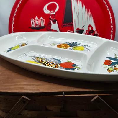 LOT 124: MCM Metal Serving Tray, Villeroy & Boch Serving Dish, and Americana Wooden Picnic Basket with Small Lap Trays