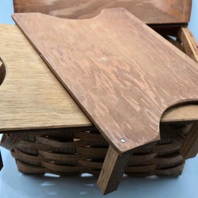 LOT 124: MCM Metal Serving Tray, Villeroy & Boch Serving Dish, and Americana Wooden Picnic Basket with Small Lap Trays