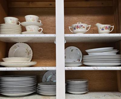 LOT 127: Cabinet Lot with Incomplete Sets of Old Ivory Syracuse China, Harmony House China Royal Duchess and More