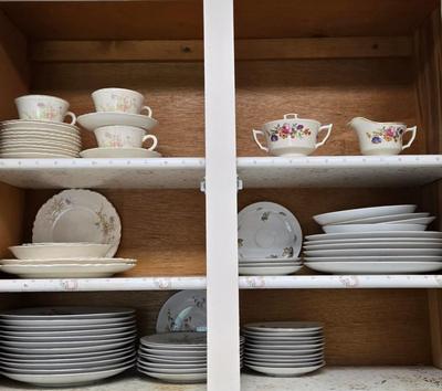 LOT 127: Cabinet Lot with Incomplete Sets of Old Ivory Syracuse China, Harmony House China Royal Duchess and More