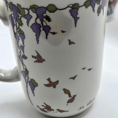 LOT 129: Andrea by Sadek Vase, 3 Piece Tea Cup Set, Asian Doll on Stand, Vintage Japanese Umbrella, and More