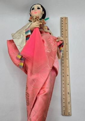 LOT 129: Andrea by Sadek Vase, 3 Piece Tea Cup Set, Asian Doll on Stand, Vintage Japanese Umbrella, and More