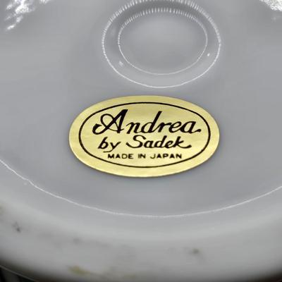 LOT 129: Andrea by Sadek Vase, 3 Piece Tea Cup Set, Asian Doll on Stand, Vintage Japanese Umbrella, and More