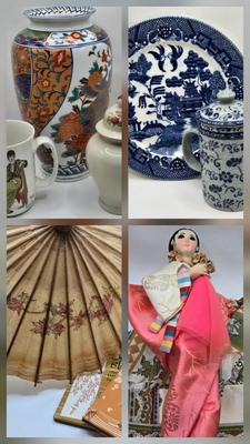 LOT 129: Andrea by Sadek Vase, 3 Piece Tea Cup Set, Asian Doll on Stand, Vintage Japanese Umbrella, and More