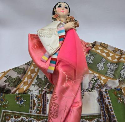 LOT 129: Andrea by Sadek Vase, 3 Piece Tea Cup Set, Asian Doll on Stand, Vintage Japanese Umbrella, and More