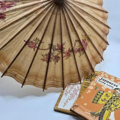 LOT 129: Andrea by Sadek Vase, 3 Piece Tea Cup Set, Asian Doll on Stand, Vintage Japanese Umbrella, and More