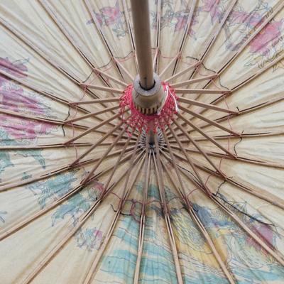 LOT 129: Andrea by Sadek Vase, 3 Piece Tea Cup Set, Asian Doll on Stand, Vintage Japanese Umbrella, and More