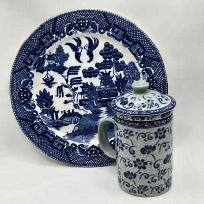 LOT 129: Andrea by Sadek Vase, 3 Piece Tea Cup Set, Asian Doll on Stand, Vintage Japanese Umbrella, and More