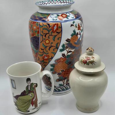 LOT 129: Andrea by Sadek Vase, 3 Piece Tea Cup Set, Asian Doll on Stand, Vintage Japanese Umbrella, and More