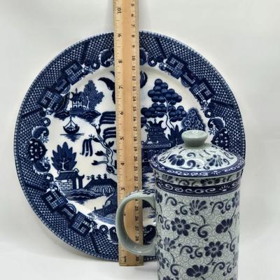 LOT 129: Andrea by Sadek Vase, 3 Piece Tea Cup Set, Asian Doll on Stand, Vintage Japanese Umbrella, and More