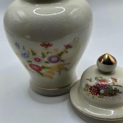 LOT 129: Andrea by Sadek Vase, 3 Piece Tea Cup Set, Asian Doll on Stand, Vintage Japanese Umbrella, and More