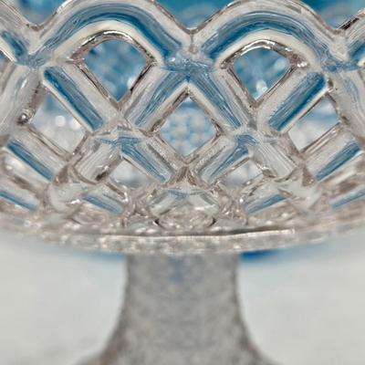 LOT 131: Blue Glass Deviled Egg Plate, Lace Edge Clear Glass Pedestal Bowl, Fan Plate, Green and Amber Glass Lace & Dew Drop Cream...