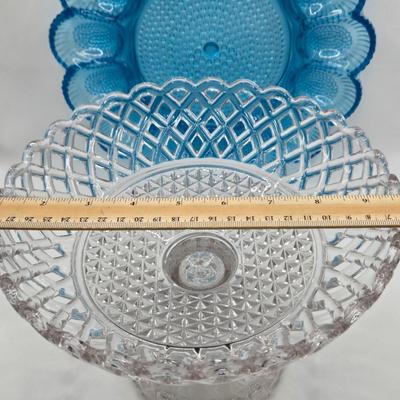 LOT 131: Blue Glass Deviled Egg Plate, Lace Edge Clear Glass Pedestal Bowl, Fan Plate, Green and Amber Glass Lace & Dew Drop Cream...