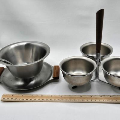 LOT 133: MCM Wooed Lazy Susan, Stainless Steel Condiment Server, Gravy Boat, 4 Silver Plated Dessert Cups and Glass Salad Serving Spoon...