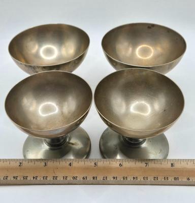 LOT 133: MCM Wooed Lazy Susan, Stainless Steel Condiment Server, Gravy Boat, 4 Silver Plated Dessert Cups and Glass Salad Serving Spoon...