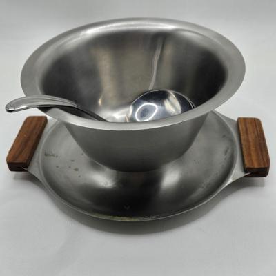 LOT 133: MCM Wooed Lazy Susan, Stainless Steel Condiment Server, Gravy Boat, 4 Silver Plated Dessert Cups and Glass Salad Serving Spoon...