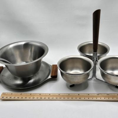 LOT 133: MCM Wooed Lazy Susan, Stainless Steel Condiment Server, Gravy Boat, 4 Silver Plated Dessert Cups and Glass Salad Serving Spoon...