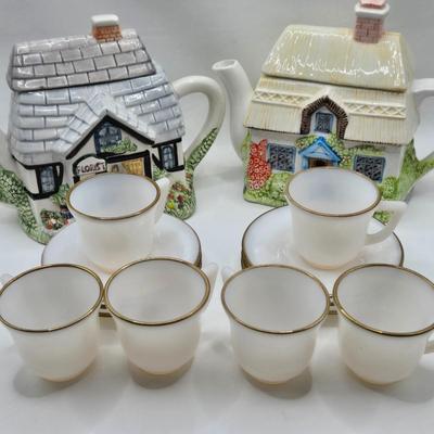LOT 134: Cardinal Teapot, Price teapot, and Set of Gold Trimmed Milk Glass Cups and Saucers