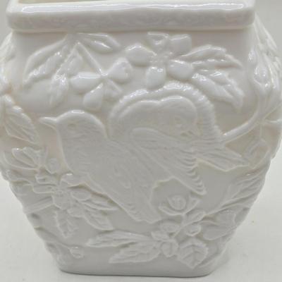 LOT 135: Vintage White Glass Chickadee Vase, Milk Glass Crem and Sugar Set, and Uranium Glass Serving Plate