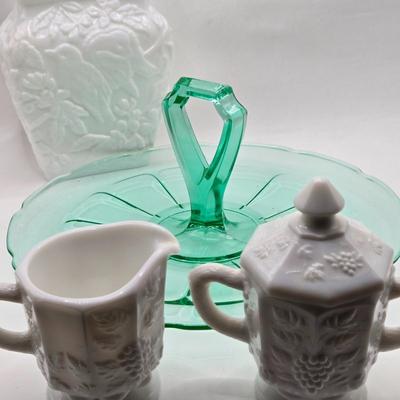 LOT 135: Vintage White Glass Chickadee Vase, Milk Glass Crem and Sugar Set, and Uranium Glass Serving Plate